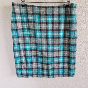 Talbots Woman Size 12 Straight Plaid Skirt Wool Bld Knee Length Teal Grey Classi